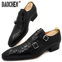 Luxury Men Shoes Black Brown Buckle Strap Loafers Genuine Leather Mens Dress Wedding Office Business Monk Shoes For Men