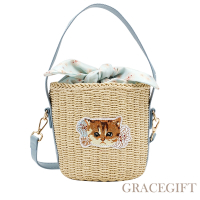 【Grace Gift】PAUL &amp; JOE聯名-小棕貓電繡大頭藤編手提肩背水桶包 淺藍
