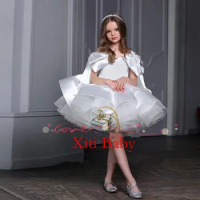 Child Girl Wedding Dress With Bow White Party Dresses Princess Fluffy Tulle Sleeves Puffy Flower Girl Dresses For Weddings