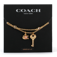 COACH 專櫃款 珍珠C字水晶鑲鑽鑰匙造型雙層項鍊-粉紅/金色
