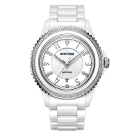 RHYTHM日本麗聲 璀璨奢華鑲鑽日期顯示窗格陶瓷腕錶-白/49.3mm