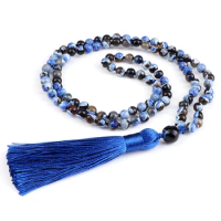 108 Mala Beads Necklace Fashion Women 6mm Natural Stone Lapis Lazuli Fire Agates Knotted Tassel Necklace Healing Jewelry for Men