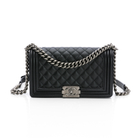 CHANEL 香奈兒 荔枝牛皮菱格紋銀釦 Boy Chanel 25cm(黑色)