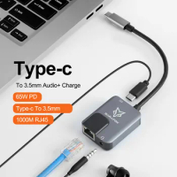Sarafox 3in1 Type c To 3.5mm Audio with 1000mbp Rj45 network and PD3.0 Fast Charger For PUBG Gaming Razer Xiaomi Blackshark