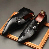 Luxury Men's Monk Strap Wedding Dress Shoes Alligator Print Genuine Leather Handmade Business Office Formal Oxford Shoes For Men