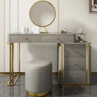 Modern and Functional Vanity Set Extendable Design Dressing Table with 2 Drawers and 3-Drawer Cabinet and Stool and Mirror