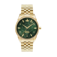 【Vivienne Westwood】香檳金色系 巴洛克翠綠色錶盤 不鏽鋼錶帶 女錶 37mm 母親節(VV208GDGD)