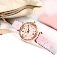 【FOSSIL】Carlie 細緻典雅 晶鑽錶圈 陶瓷手錶 粉x玫瑰金框 30mm(CE1106)