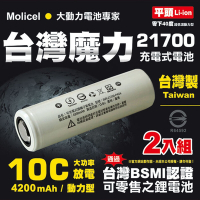 (超值贈品)【台灣Molicel】21700高倍率動力型鋰電池4200mAh(平頭2入) 台灣BSMI認證