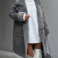 Boreathiman New Fur Suede Coat, Suit Collar, Long Cardigan, Long Sleeved Plush Jacket Coat for Women Fur Coat Womenwinter Coat
