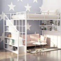 Nordic iron art bed and table elevated bed sheet, upper loft bed, small apartment, provincial space, double iron frame bed