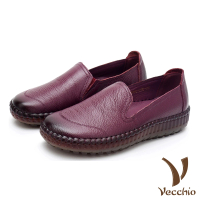 【Vecchio】真皮頭層牛皮復古手工縫線舒適軟底樂福鞋(酒紅)
