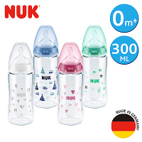德國NUK-寬口徑PA奶瓶300ml-附1號中圓洞矽膠奶嘴0m+(顏色隨機出貨)