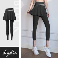 【Lydia】現貨 撞色高腰彈性運動假兩件短裙長褲(卡其/藍/紫/黑 M.L.XL.2L)