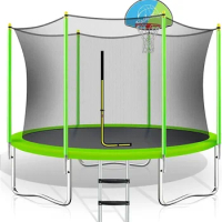 8FT&amp;10FT Trampoline for Kids,Outdoor Kids Trampoline with Safety Enclosure, Basketball Hoop and Ladder, Fast Assembly