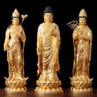 A set 3P high grade Copper Buddha God statue HOME shrine protection Buddhism XI FANG SANSHENG Guan yin Amitabha Mahasthamaprapta
