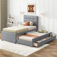 Twin Size Upholstered Platform Bed with Pull-out Twin Size Trundle and 3 Drawers,Modern and Timeless,Sturdy Frame, Gray