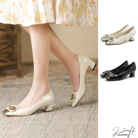 【J&H collection】淺口方扣漆皮粗高跟鞋 女鞋(米白色 / 黑色)