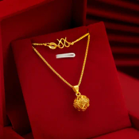 Pure 18K Gold Pattern Small Embroidered Ball Pendant Necklaces for Women 999 Gold Color Trendy Necklaces Chain Fine Jewelry Gift