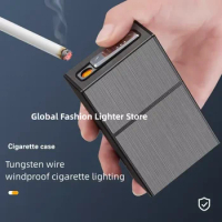 2024 Cigarette Case 20pcs Capacity Slim Cigarette Holder with USB Rechargeable Lighter Plastic Cigarette Case Best Gift for Men