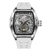【BONEST GATTI】布加迪 銀框 鏤空酒桶造型 白色氟橡膠錶帶 自動上鍊機械錶 45mm(BG5502-A2)
