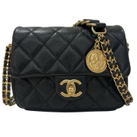 二手品 CHANEL黑色金釦荔枝皮金幣粗鍊方胖鏈包 晶片款 黑色