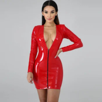 Women Sexy Dresses Latex Patent Leather Bodycon Dress Wetlook Zipper Mini Dress