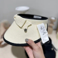 Japanese Fashion UV-CUT Women's Wide Brimmed Straw Hat With Black And White Bow Summer Beach Hat Riding Hat High-quality