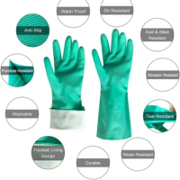 Waterproof Long Cuff Flock Green Nitrile Chemical Resistant Gloves for Work Safety Industry.