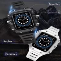 Carbon fiber casing rubber strap high-end modification set For Apple watch 45mm 41mm 44mm 40mm Ceramic case For iWatch 8 7 654SE