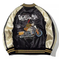 Free Shipping Boy Men Sukajan Souvenir Jacket Ball Motos Dragon Embroidered Loose Coats Hip Hop Streetwear