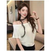 Kemeja-T Luar Bahu Asimetri, Untuk Wanita, Longgar, Gaya Y2K, Trend Y2K