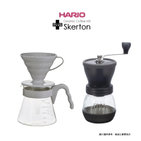 【HARIO】V60灰白色濾泡咖啡壺組+簡約手搖磨豆機套裝(VCSD-02PGR/MSCS-2DTB)