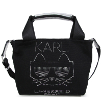【KARL LAGERFELD 卡爾】水鑽貓帆布小款手提x斜背包(黑色)