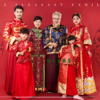 6 Piece Set Home is Everything Vintage Red Traditional Tang Suit Family Gathering Picture Parent-Child Costume Hanfu Sets