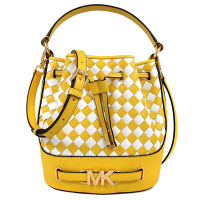 MICHAEL KORS Reed 金字MK腰帶配飾雙色編織水桶兩用包(金黃x白雙色-中)