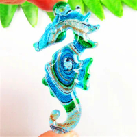 Carved Blue Green Lampwork Glass Sea Horse Pendant Bead for Jewelry Making Necklace