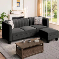 Convertible L Shaped Sectional Sofa Couch, Black, Linen Fabric Sofa bed