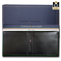 【Tommy】Tommy Hilfiger 男皮夾 長夾 牛皮中標設計 多卡夾 三鈔層 品牌盒裝／黑色