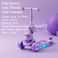 Skuter Sepeda Anak 2 in 1 Scooter Anak Roda 3 injak Bisa Lipat dengan Lampu Musik Ungu B-with seat