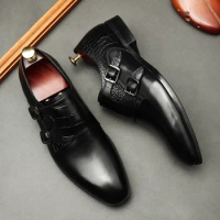 Luxury Mens Dress Shoes Genuine Cow Leather Slip On Loafer Buckle Monk Strap Casual Business Black Brown Wedding Shoes For Men