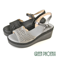 【GREEN PHOENIX 波兒德】女 涼鞋 厚底 楔型 全真皮 水鑽(灰色、黑色)