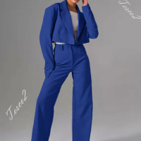 Tesco Office Pantsuit For Women Spring Short Crop Top+High Waist Wide Leg Pants Casual Double Breasted Blazer Women Chic Outfits