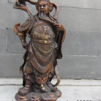 Chinese Red Copper Bronze Dragon Stand Guan Gong Guan Yu Warrior Buddha Statue
