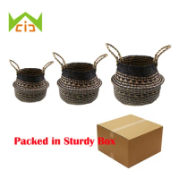 3pcs Rattan Belly Baskets Set Seagrass Storage Basket with Handle for Home Decoration Laundry Picnic Toy Woven Wicker Container