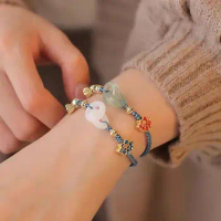 Retro Hand Jewerly For Lovers Imitation Hetian Jade Waven Rope Women Wristbands PingAn Buckle Bracelets Korean Bangles Lotus