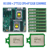 For Supermicro H11DSI REV2.0 Motherboard Socket SP3 +2*EPYC 7532 32C/64T 2.4GHz 200w CPU +8*32GB =256GB DDR4 3200mhz RAM Memory