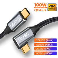 100W PD Fast Charging Cable 10Gbps USB 3.1 Gen 2 Type C Cable Male to Male Elbow Data Line 4K 60HZ Video Cord For Laptop Mobile