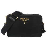 【PRADA 普拉達】品牌標誌尼龍布皮飾邊斜背相機包(黑色)