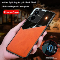 Luxury Leather Splicing Acrylic Case For Vivo IQOO 8 7 S10 S12 X80 X90 X70 Pro Plus S10E V23E Cover Built-In Magnetic Iron Plate
